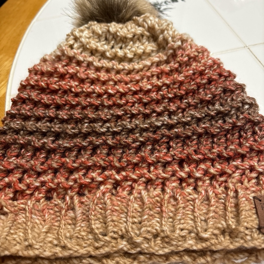 Handcrafted Earthy Color Knit slouchy Beanie with Pom-Pom - Picture 4 of 5